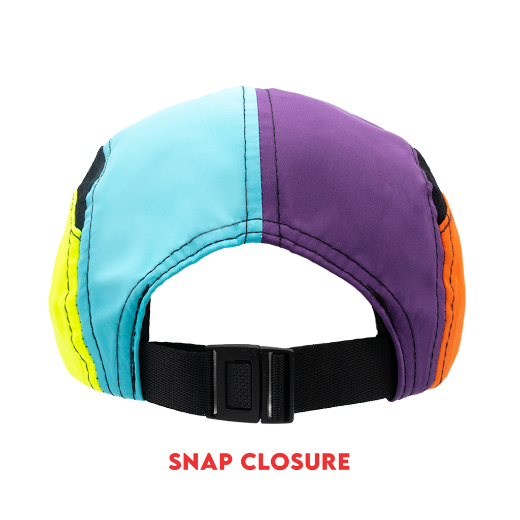 Color block 5 Panel hat with colors black, yellow, blue, purple and orange. Back View
