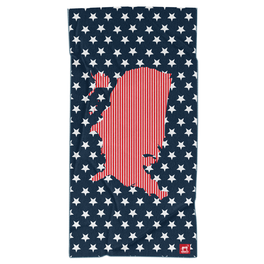 Towel showing united states map against repeating pattern of stars, red white and blue colors