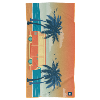 Image of towel with van in front of sunset near trees. Color is orange and blue. 