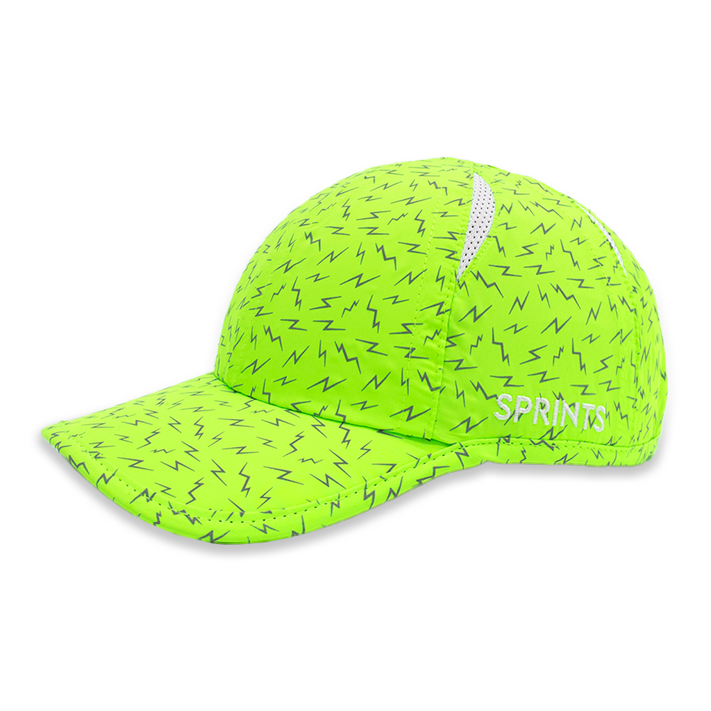 Neon green hat with lighting bolts
