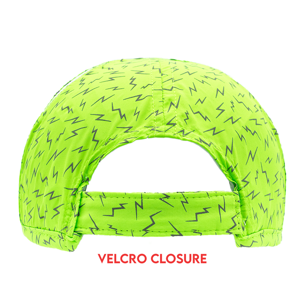 Rear view of neon green hat with lightning bolts showing adjustable velcro closure