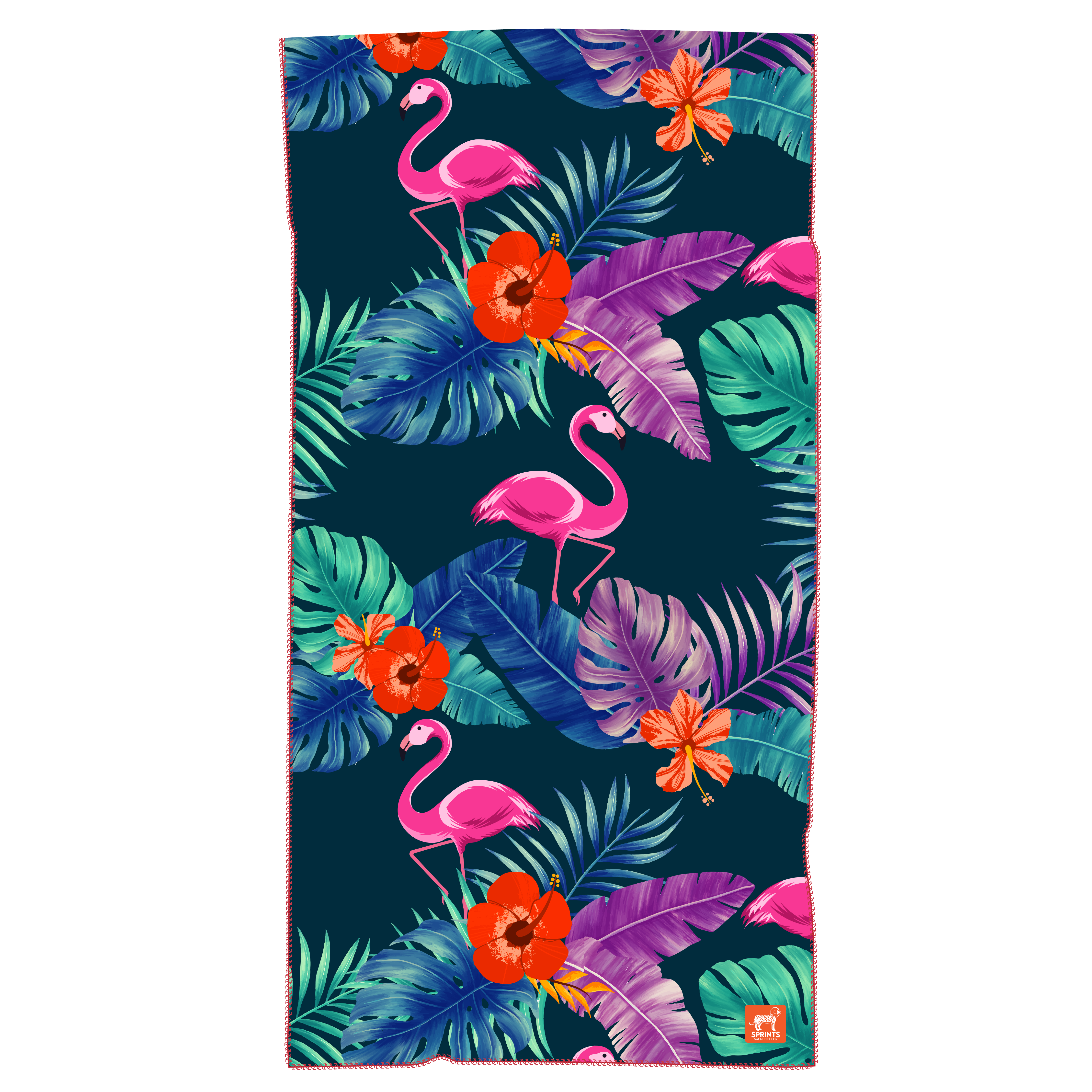 Towel with pattern of pink flamingos against tropical leaves in dark blue and green background