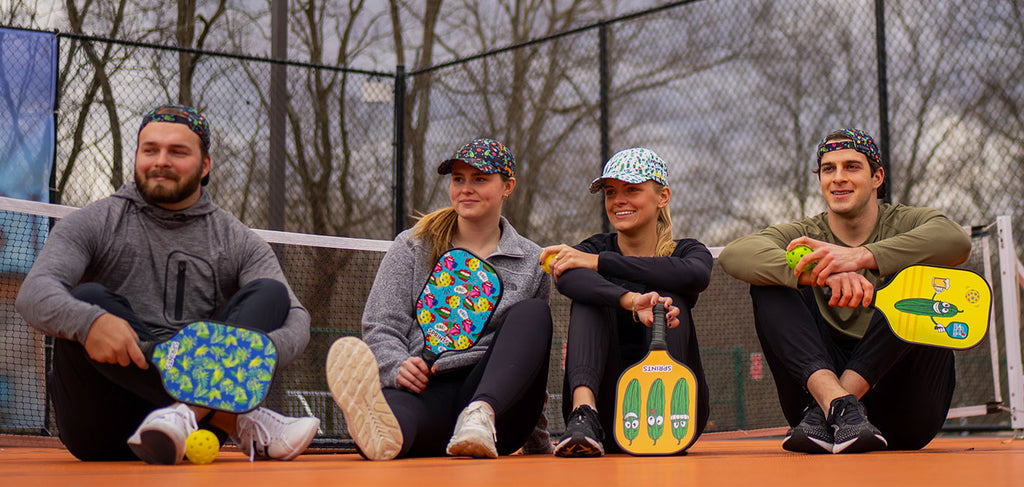 group of men and women sitting on a pickleball court holding pickleball paddles from sprints