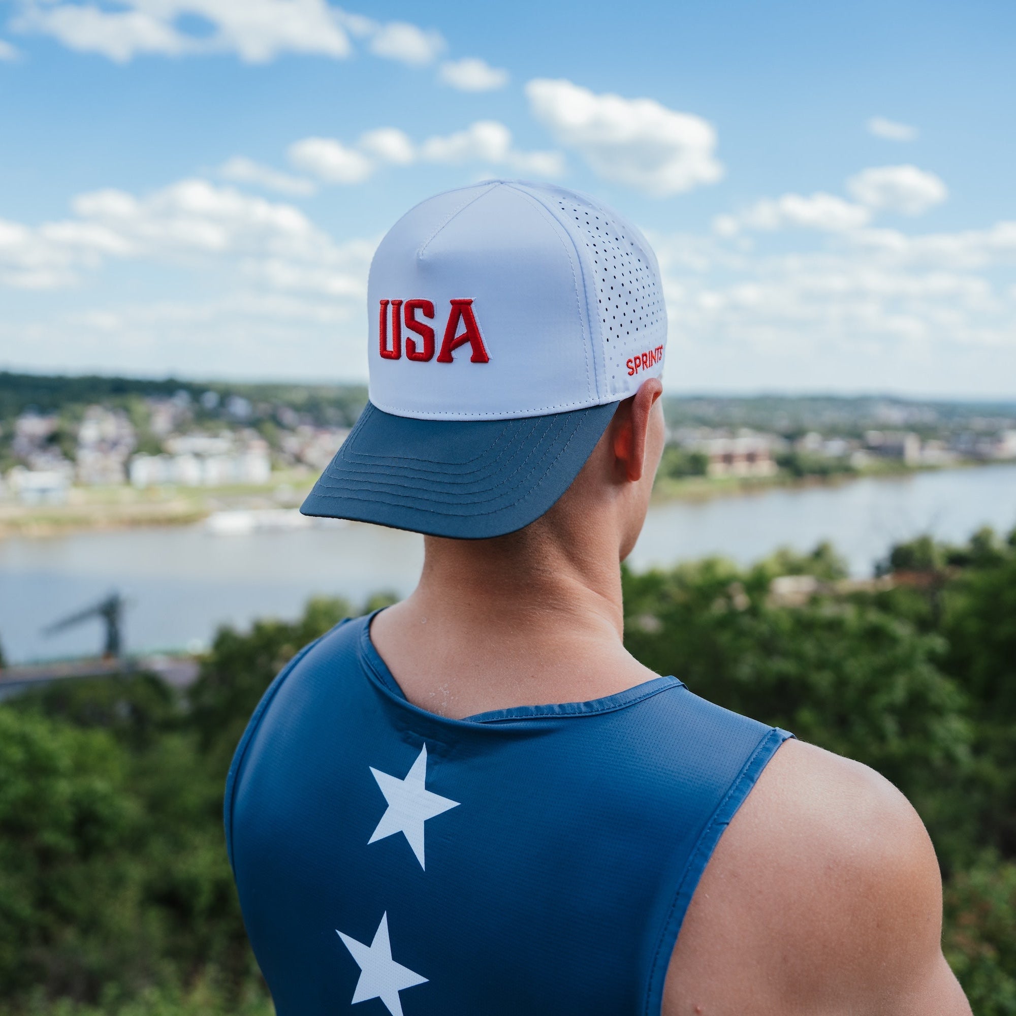 Person wearing a cap with 'USA' and a sleeveless shirt with stars, overlooking a scenic landscape.