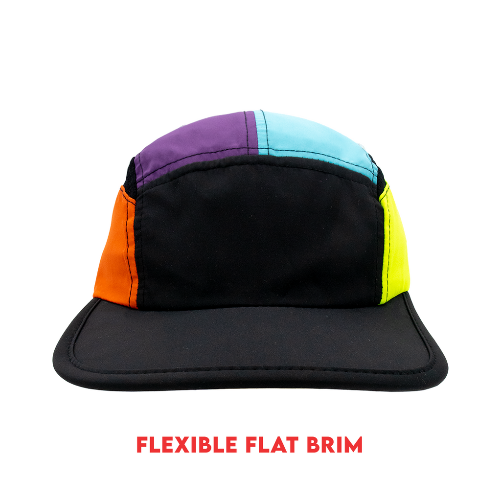 Color block 5 Panel hat with colors black, yellow, blue, purple and orange. Front View
