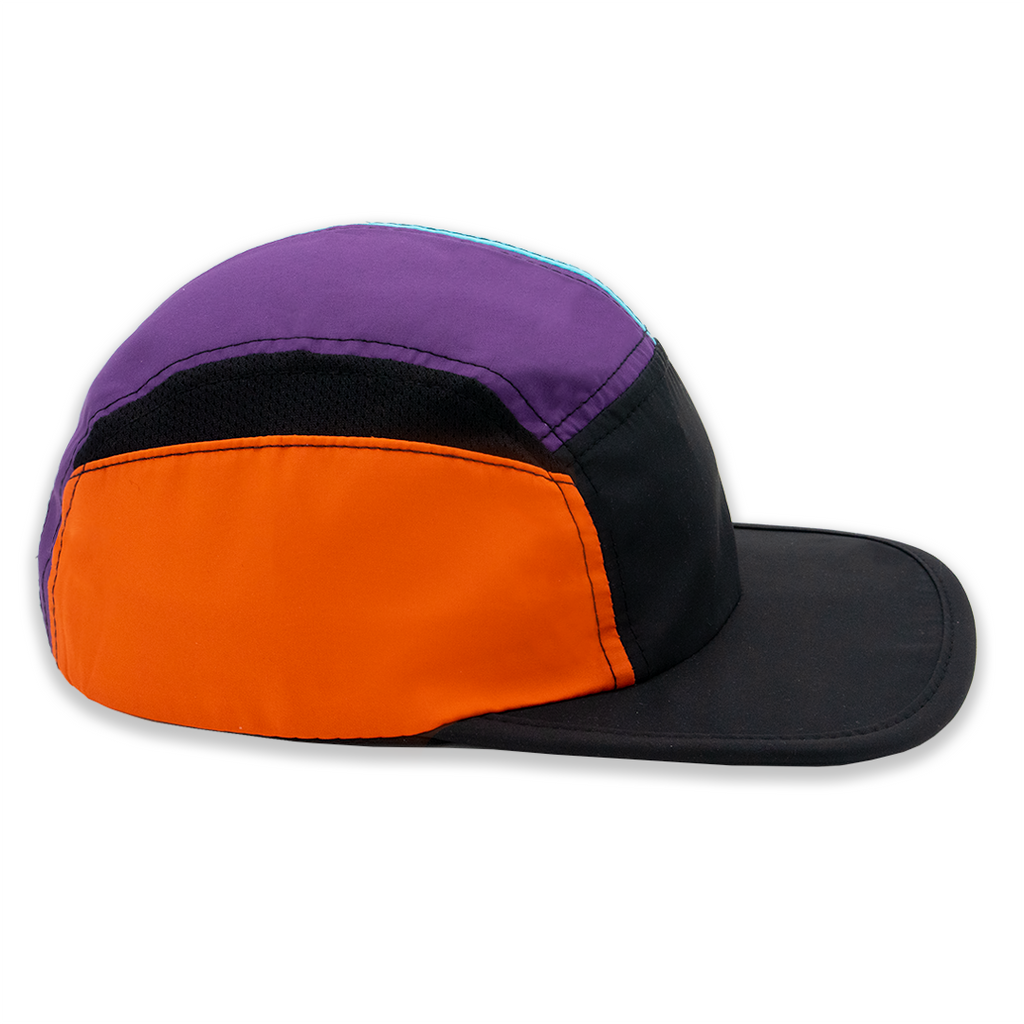 Color block 5 Panel hat with colors black, yellow, blue, purple and orange. Side view