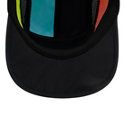 Color block 5 Panel hat with colors black, yellow, blue, purple and orange. Inside, sweatband view.